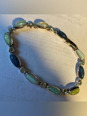 LC Liz Claiborne Tennis Bracelet - Elegant Green Sheen Oval Cabochon Silver Tone